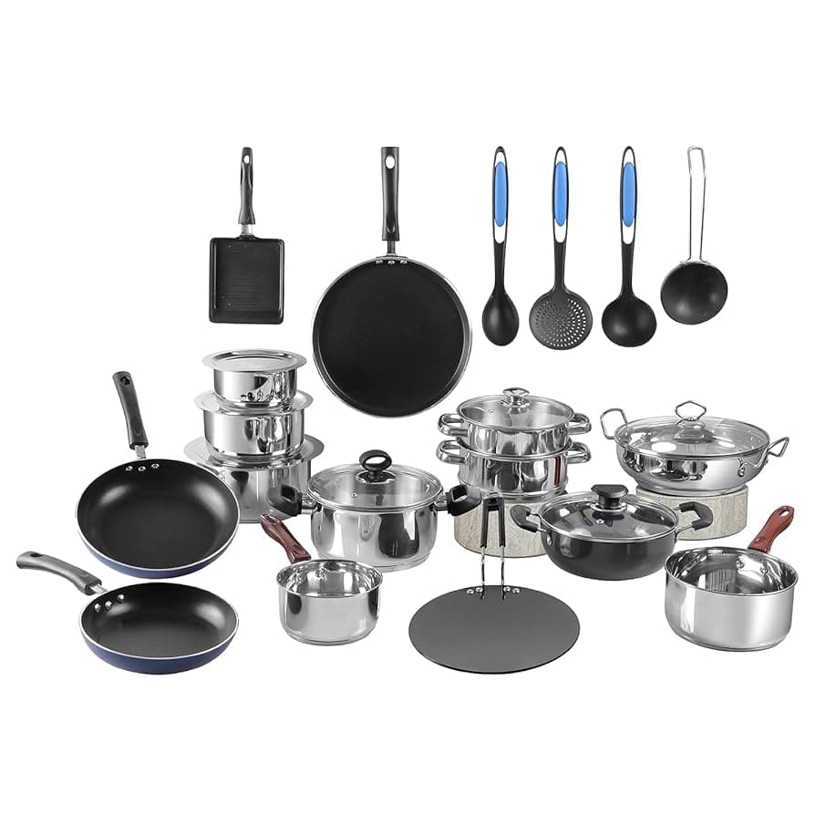 Stainless Steel Cookware Set with multiple pots and pans